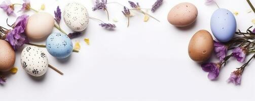 Colorful easter eggs in nest with flowers on bright marble white table. AI Generated photo