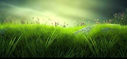 Lush green grass on meadow in morning light, spring summer outdoors close-up, copy space, wide format. A beautiful artistic depiction of the purity and freshness of nature. AI Generated photo