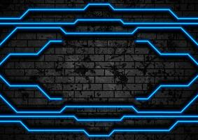 Blue neon technology lines on brick grunge wall vector