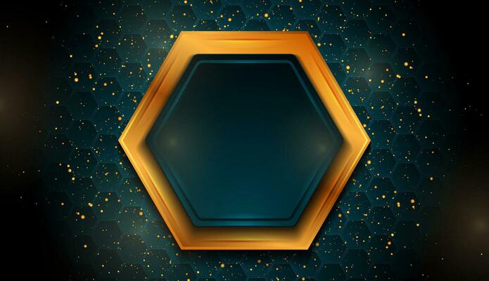 Blue and golden shiny sparkling background with small dots and hexagons