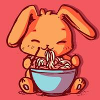 Cute anime rabbit eating noodles from a bowl using japanese chopsticks. Kawaii orange bunny having a big plate with spaghetti in front of him vector