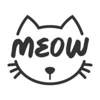 Meow lettering inside cat head pictogram, with ears and whiskers. Cute design for feline lovers and cat moms. vector