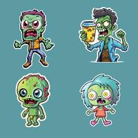 Four Cartoon Zombie Characters with Various Colors, Poses vector