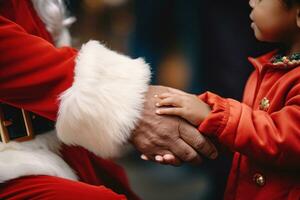 Close up shot of Santa's hands holding a child's hand AI Generated photo