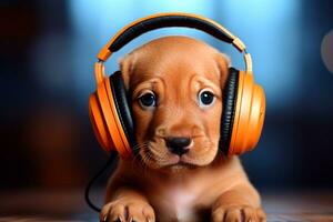 Cute red puppy in headphones close-up. Cute puppy listening to music on headphones on a blurred background. AI Generated photo