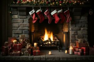 fireplace with red Christmas stockings AI Generated photo