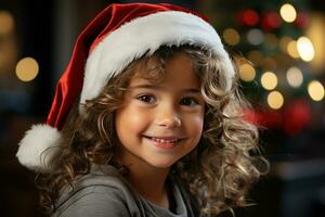 contento niña con Navidad sombrero ai generado foto