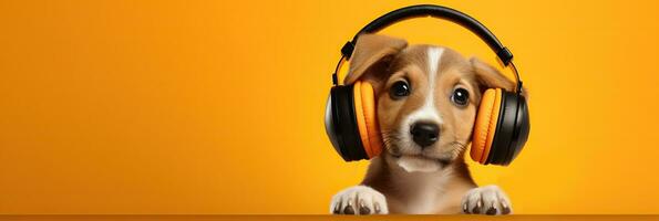 Cute dog with headphones listening to music on orange background. AI Generated photo