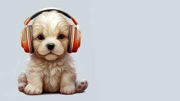 Cute little puppy with headphones listening to music on grey background. AI Generated photo