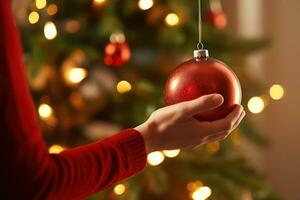 mujer mano poniendo ornamento pelota en Navidad pino ai generado foto