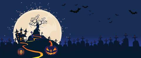 Halloween pumpkin patch in the moonlight. Happy Halloween Blue banner trick or treat with a full moon, bats, pumpkin Party invitation background with text. Vector illustration Flat design