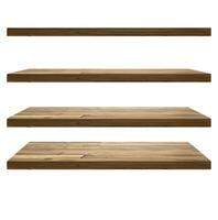 Collection of wooden shelves on white background photo