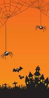 Funny spiders with spider web and bats doodle line childish style on orange background vector illustration have blank space. Happy Halloween greeting card template.