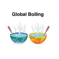 globe pot boiling. concept illustration of global warming becoming global boiling because the earth's temperature is very hot vector