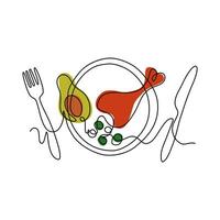 Simplified image of tasty meal. Dinner in line art style. Prepared chicken drumstick, avocado, peas on a plate. Outline vector illustration.