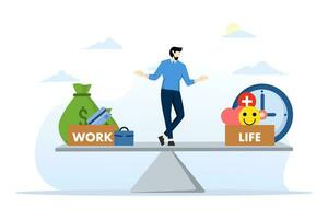 Work life balance concept. Emotional management between work stress and a happy lifestyle, maintaining harmony between career and life concepts. Businessman standing on seesaw balancing work and life. vector