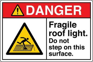 ANSI Z535 Safety Sign Marking Label Symbol Pictogram Standards Danger Fragile roof light do not step on this surface with text landscape white vector