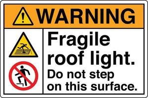 ANSI Z535 Safety Sign Marking Label Symbol Pictogram Standards Warning Fragile roof light do not step on this surface with text landscape multi icon white vector