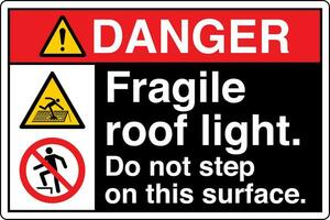ANSI Z535 Safety Sign Marking Label Symbol Pictogram Standards Danger Fragile roof light do not step on this surface with text landscape multi icon black vector