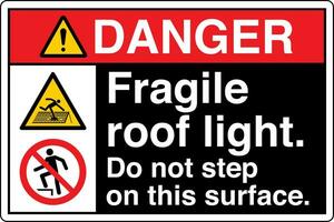 ANSI Z535 Safety Sign Marking Label Symbol Pictogram Standards Danger Fragile roof light do not step on this surface with text landscape multi icon black vector