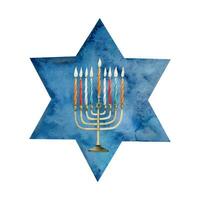 Vector watercolor Hanukkah illustration with holiday symbols, menorah with multicolor candles on blue star of David