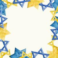 Square frame design template with traditional Hanukkah stars of David in blue and yellow gold. Hand drawn vector watercolor illustration