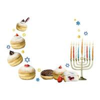 Hanukkah watercolor round frame design template with traditional Hanuka symbols vector watercolor illustration. Menorah with candles, dreidel, donuts.