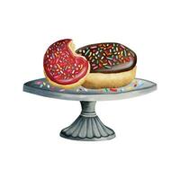 Chocolate and strawberry doughnuts with sprinkles on cake stand vector watercolor illustration in red, brown, grey colors