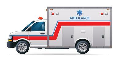 Ambulance emergency car vector illustration. Medical vehicle side view isolated on white background