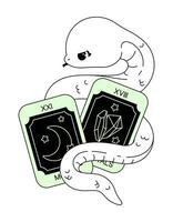 contorno vector kawaii ilustración de linda serpiente y tarot tarjetas para colorante