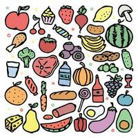 Drawn food background. Doodle colored food icons vector