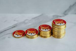 shiba inu monedas shib son ordenado desde pequeño a grande con un blanco mármol antecedentes. foto