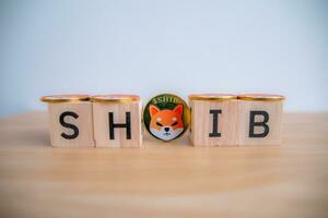 Wooden block written SHIB in front of the Shina inu token with 1 coin in the middle, close-up. photo