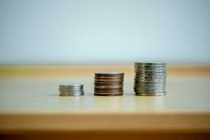 Thai baht coins are stacked and arranged in ascending order, Close up,Finance concept. photo