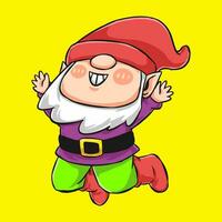 gnome cartoon character with happy expression. dwarf in a jumping pose. line drawing and colored. vector illustration.