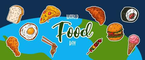 World Food Day with various foods in hand drawn style. World Food Day background. Vector illustration.