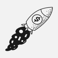 black and white hand drawn vector illustration of rocket with dollar symbol.