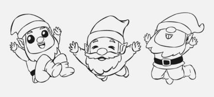 set of dwarf cartoon character with happy expression. little gnome in a jumping pose. line art style. vector illustration.