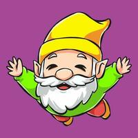 gnome cartoon character with happy expression. dwarf in a jumping pose. line drawing and colored. vector illustration.