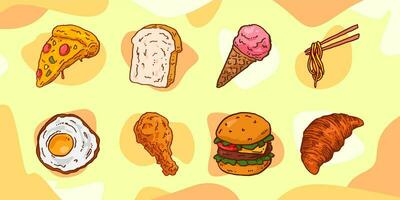bundle set of various foods, including pizza, bread, ice cream, noodle, fried egg, fried chicken, burger and croissant in a hand-drawn style. vector illustration.