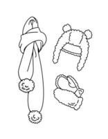 Vector black and white set of winter hat, scarf with ponponomi and fur mittens. Children's accessories.