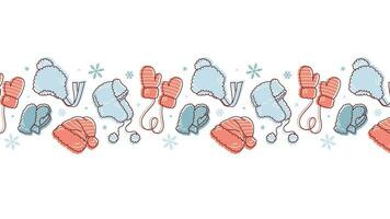 Winter vector border for cards. Winter accessories hat mittens snowflakes. Kids' things.