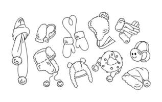 A set of winter accessories for the outdoors. Warm clothes hats, scarves, mittens and gloves. Black and white graphics on a white background. Doodle style. vector