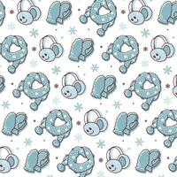 Winter New Year Christmas pattern in blue tones with knitted accessories and snowflakes. Wrapping paper, fabric print. vector