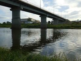 landscape with a bridge reflecting in the river photo