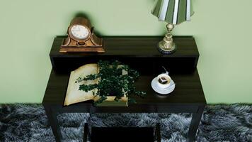 cozy view of a room where a table with a book, coffee, a clock and a lamp is located photo