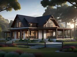 3d render of the luxury house on a hill with beautiful sky in the forest photo