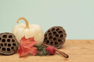 Fall and Winter Decorations on a Wood Table photo