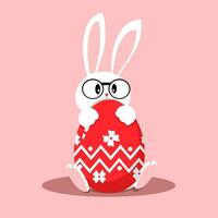 Cute bunny character with glasses hugging easter egg vector