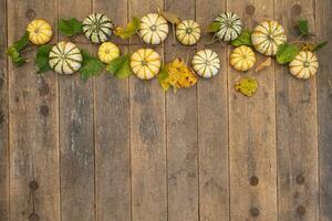 Gourds and Grape Leaves Create a Border at the Top of an OLd Wood Surface photo